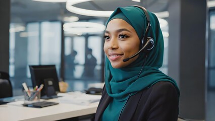 Smiling Muslim Woman in Headset Working in Call Center Office – Professional Customer Service Representative in Modern Corporate Environment