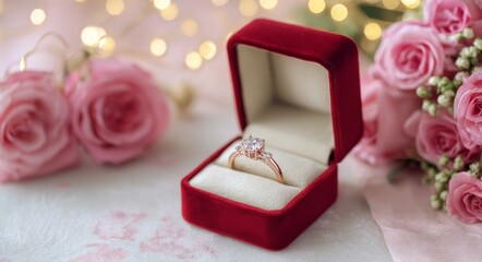 A diamond ring, a rose gold ring, flowers, and an engagement ring are presented in a red box surrounded by pink roses