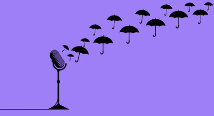 A black silhouette of a vintage microphone on a stand broadcasting a stream of floating umbrellas of various sizes.