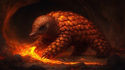 Fiery pangolin composed of molten lava forging a path through a dark volcanic tunnel glowing with magma