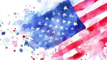 Abstract watercolor american flag with red and blue paint splatters. Independence Day