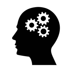 Human head silhouette with gears inside representing thinking process and ideas concept