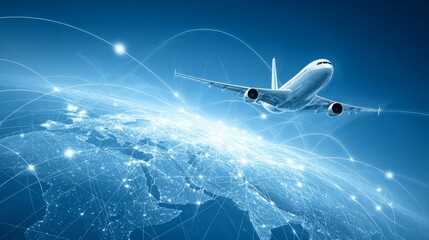 Fototapeta premium Network connections are visible on a world map as an airplane flies overhead