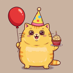 A playful yellow cat in a polka-dot party hat holding a balloon and a cupcake—celebrating with wide eyes and birthday flair.