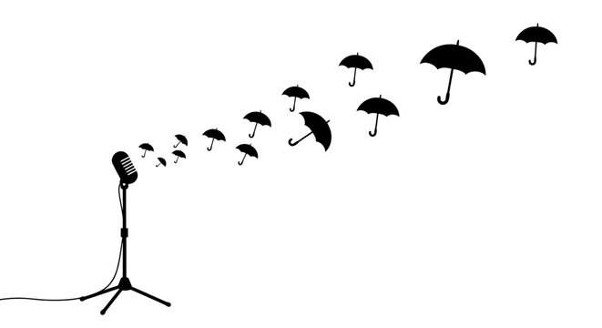 Conceptual black silhouette of a vintage microphone broadcasting a stream of floating umbrellas.