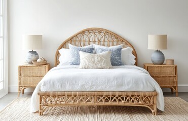 Rattan Bed With Wicker Nightstands Lamps Blue Pillows on White Bedding Near Wall