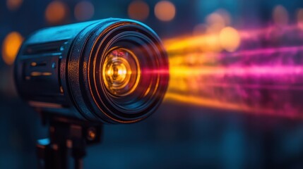 Vibrant lens with colorful light streaks in bokeh background