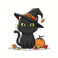 Adorable Black Cat in Witch Hat with Pumpkin for Halloween Design