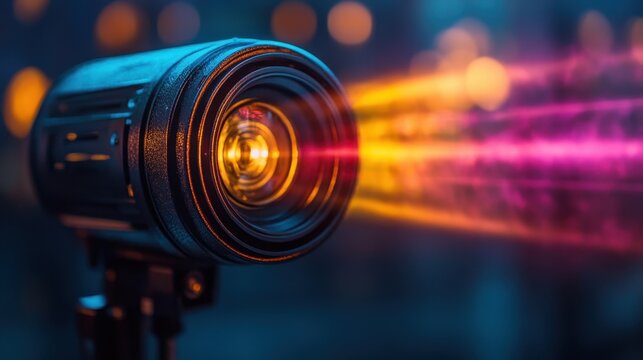 Vibrant lens with colorful light streaks in bokeh background