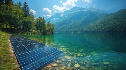 Solar panels by mountain lake with clear sky and forested hills. National Energy Geek Day. Energy Saving Week