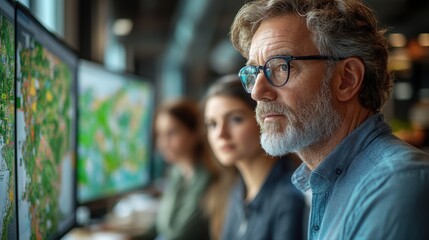 Focused mature caucasian male analyzing data with diverse team in office. GIS Day