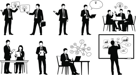 Business team collaborating and presenting ideas in modern office settings