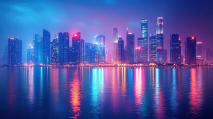 Obraz premium Vibrant nightscape of futuristic city skyline reflecting on water. Texas Energy Savings Day