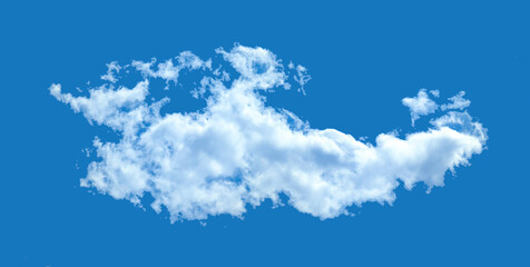 One cloud on the blue sky. White relaxed cottony form. Background serene sky. Fiber contours after rain. Lonely substance of water.