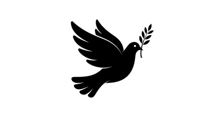 Obraz premium Silhouette of a black dove carrying an olive branch in its beak.