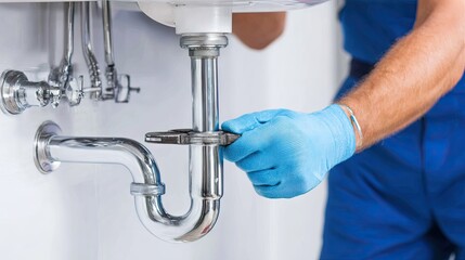 Plumber working on a sink drainpipe.