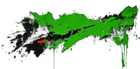Abstract painting featuring vibrant green and black colors with white and red accents, evoking sense of energy and movement. artwork captures essence of nature and creativity