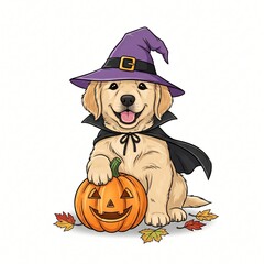 Adorable Golden Retriever Puppy in Witch Costume with Jack o lantern for Halloween