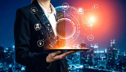 Businessperson holds tablet with glowing OANG network, global tech icons, and city background.