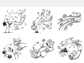 Obraz premium Business concept doodles with charts arrows and people in black and white drawing sketch