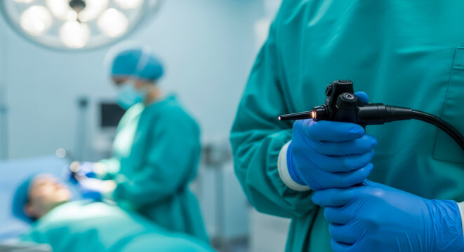 Surgeon in green scrubs and blue gloves holds an endoscope with a light emitting from its tip during a medical procedure Doctor Healthcare Hospital Surgery