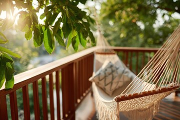 Relaxing in a cozy nap hammock on a sunlit terrace surrounded by greenery