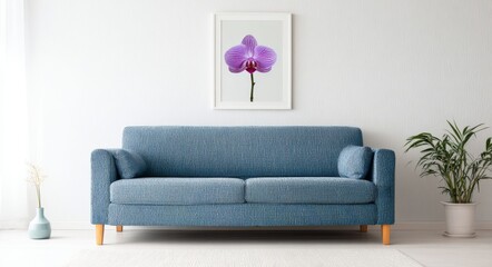 The interior of this modern living room is characterized by its blue sofa, beautiful orchid artwork, and carefully chosen design elements, including a stylish couch and plush pillows