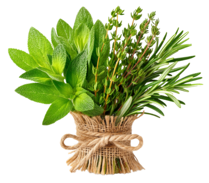 Isolated on white, rustic bundle of basil, rosemary, and thyme herbs tied with twine, Mediterranean concept