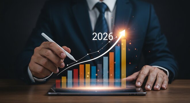 Businessman analyzing growth charts on tablet for future success