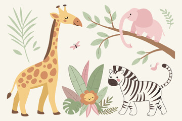 Fototapeta premium Vector art of adorable safari animals including a giraffe zebra and elephant enjoying a tropical jungle setting with leaves and plants