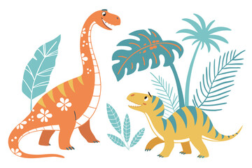 Vector art of two friendly dinosaurs hanging out in a lush prehistoric jungle with tall palm trees and tropical plants