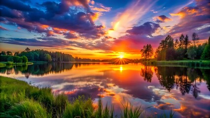 Obraz premium Vibrant Sunset Over Calm Lake with Tree Reflections
