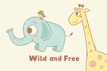 Vector art of a delightful cartoon illustration showcasing a cute elephant with a bird and a friendly giraffe in a sweet design