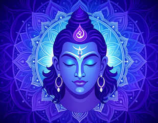 Meditative watercolor artwork of Hindu deity Lord Shiva depicted in tranquil aura with complex sacred mandala pattern in glowing blue theme