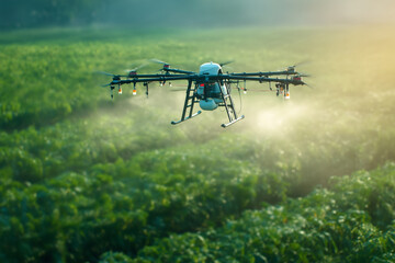 Futuristic Agricultural Drones Spraying Crops in Smart Farming Fields