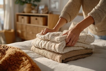 Individual folding thick sweaters in a cozy, sunlit living space with natural decor elements