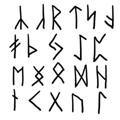 Rune signs and glyphs, black and white sketch drawing. Vector illustration. A simple drawing, Slavic and Scandinavian amulet symbols, is isolated on a white background.