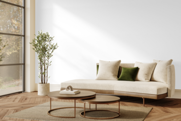 Modern daylight living room with large window, sofa, green pillow and olive tree – transparent PNG with shadow