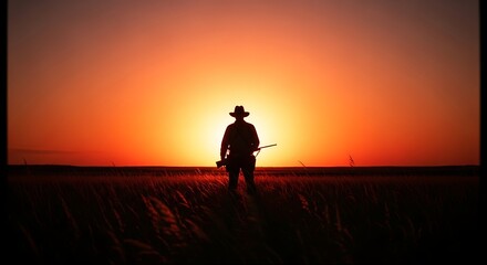 A lone rancher with a rifle silhouetted against a fiery orange sunset. A solitary figure standing in a vast, golden prairie field.