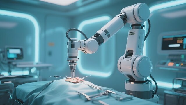 Robotic Arm Performing Precision Surgery in a Modern Operating Room