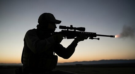 Military sniper in silhouette firing a rifle with a visible muzzle flash against the twilight sky.