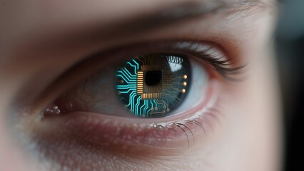 Close-up of a human eye reflecting a detailed circuit board pattern