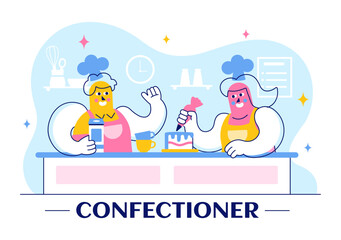 Fototapeta premium Vector Illustration of a Confectioner Chef Wearing an Apron While Preparing Delicious Desserts, Sweet Products, and Pastries in a Flat Background