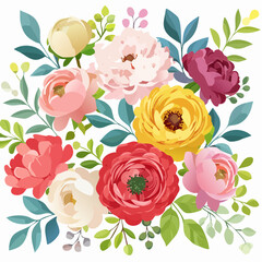 Charming vector floral pattern of peonies and ranunculus in full bloom, rich color palette, perfect for wedding designs