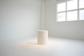 Empty white room with cylinder stand, isolated on white background