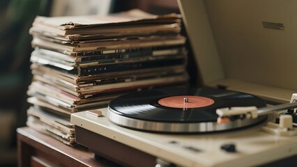 Stack of vinyl records next to a turntable playing music