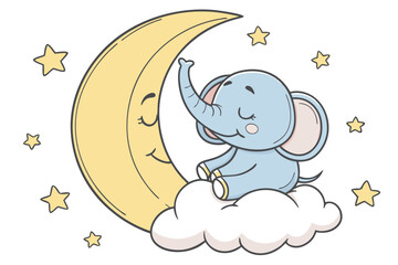 Vector art of a cute baby elephant sitting on a cloud next to a smiling moon surrounded by stars creating a peaceful and dreamy scene