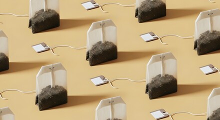 Pattern of Tea Bags with Tags on a Warm Colored Background symbolizing caffeine consumption.

