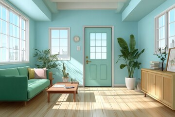 Teal-toned, bright interior with sofa, plants, and wooden entryway