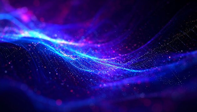Dynamic abstract light wave with blue and purple glowing particles and streaks. - Powered by Adobe